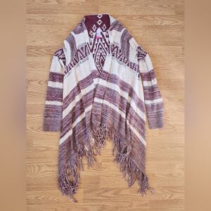 Women's Striped Fringe Sweater - Maroon and Cream